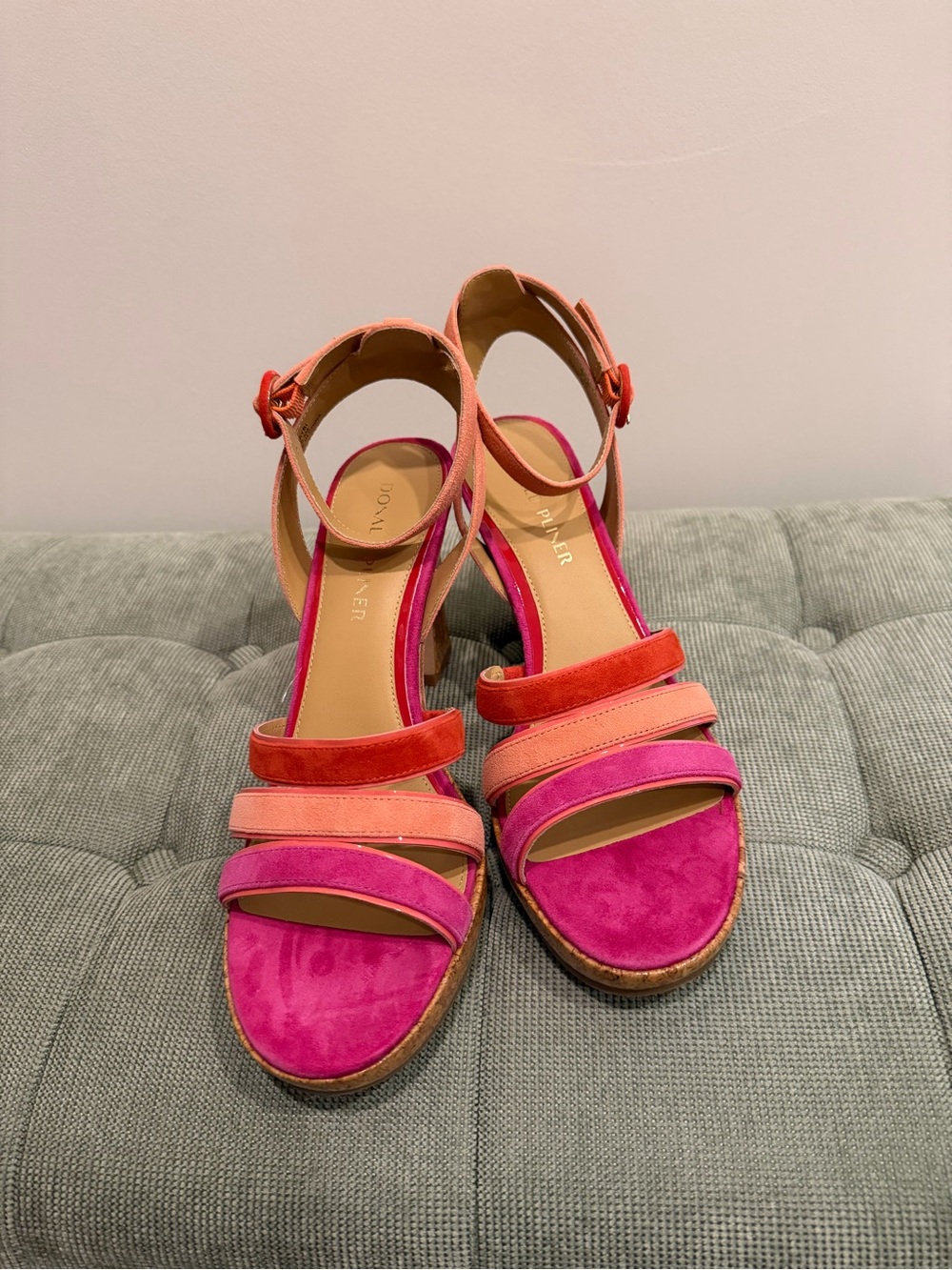 Donald J. Pliner Pink, Coral & Magenta Suede Cork Wedge Sandals - Picture 3 of 6